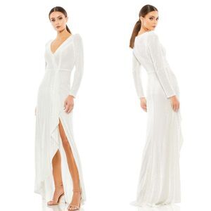Mac Duggal Sequin Wrap Evening Gown 4 White NWT